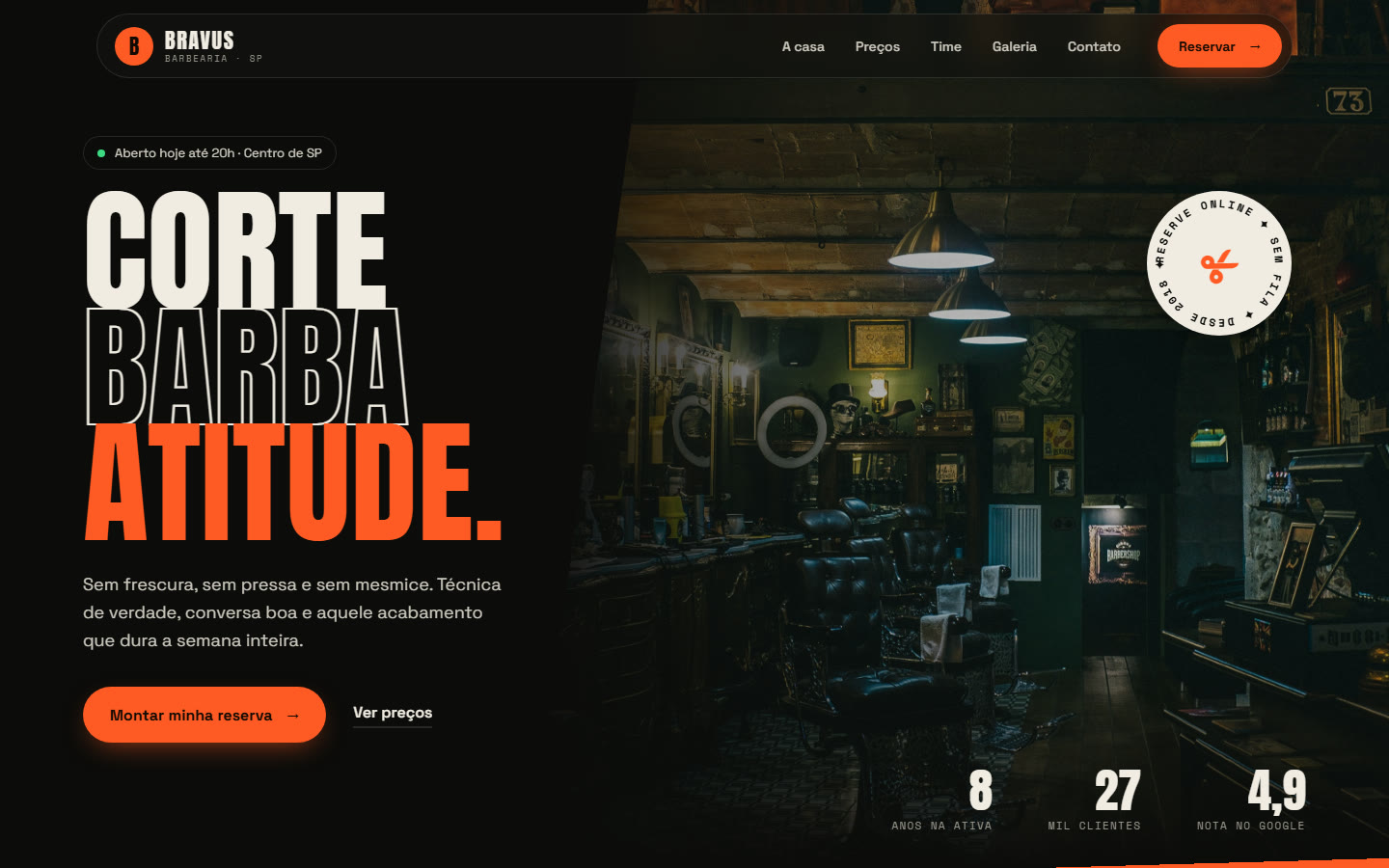 Site da Bravus Barbearia com o título Corte, Barba, Atitude