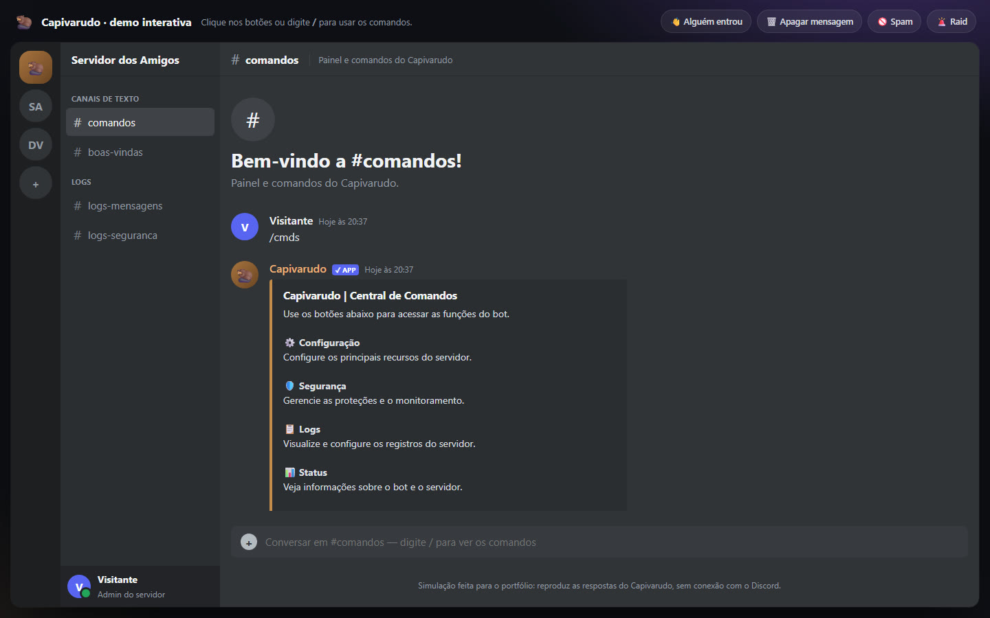 Demo interativa do bot Capivarudo no Discord