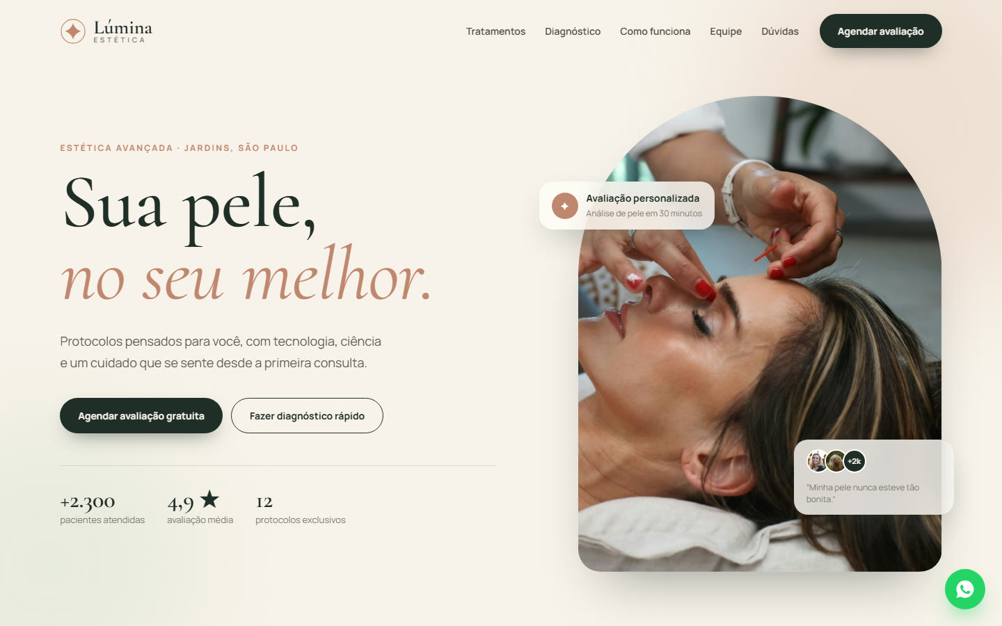 Site da clínica Lúmina Estética com o título Sua pele, no seu melhor