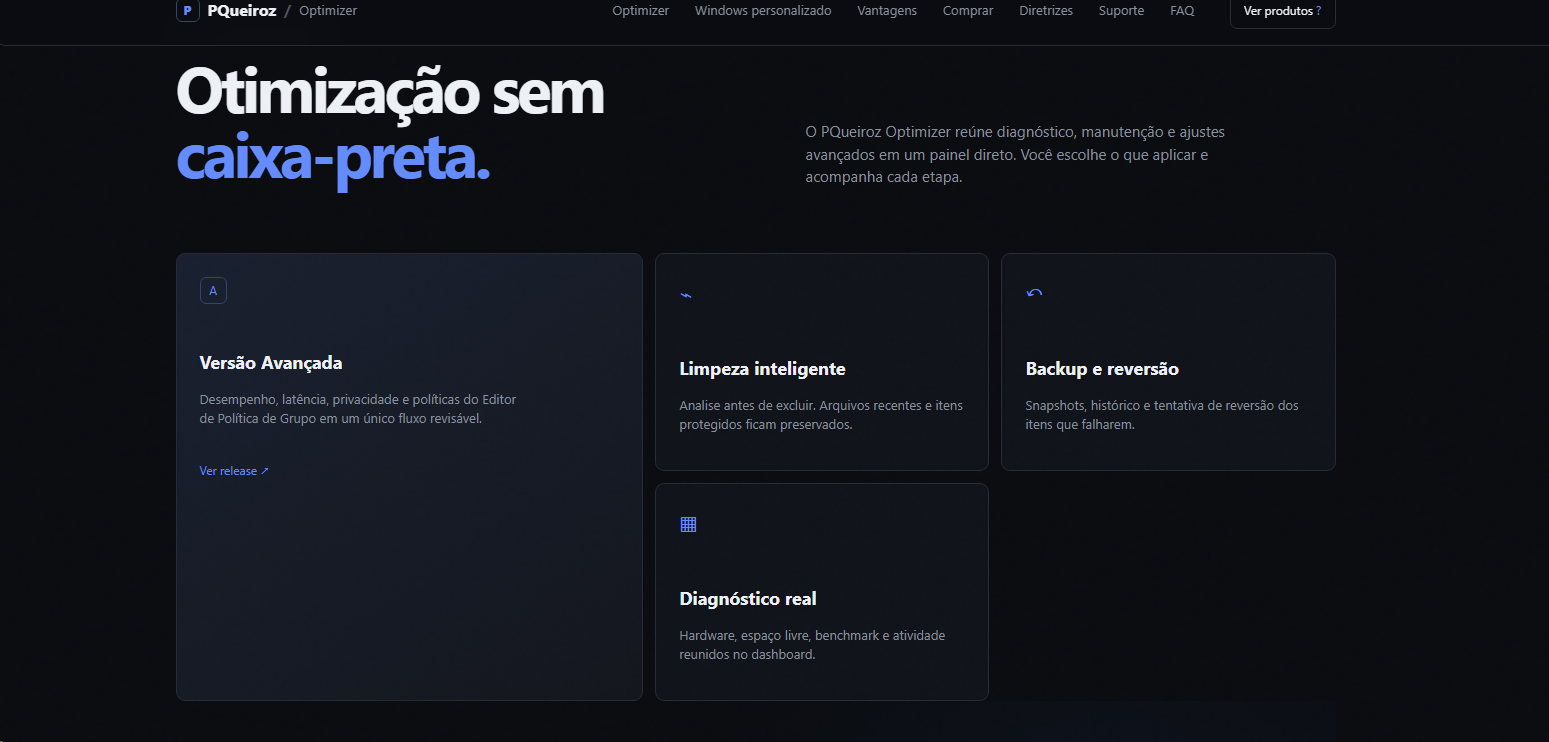 Prévia do site e painel do PQueiroz Optimizer