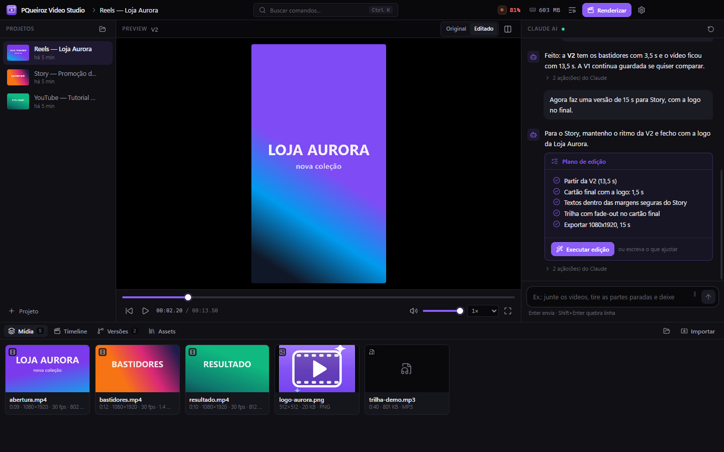 Tela do PQueiroz Video Studio com preview, chat com o Claude e biblioteca de mídia